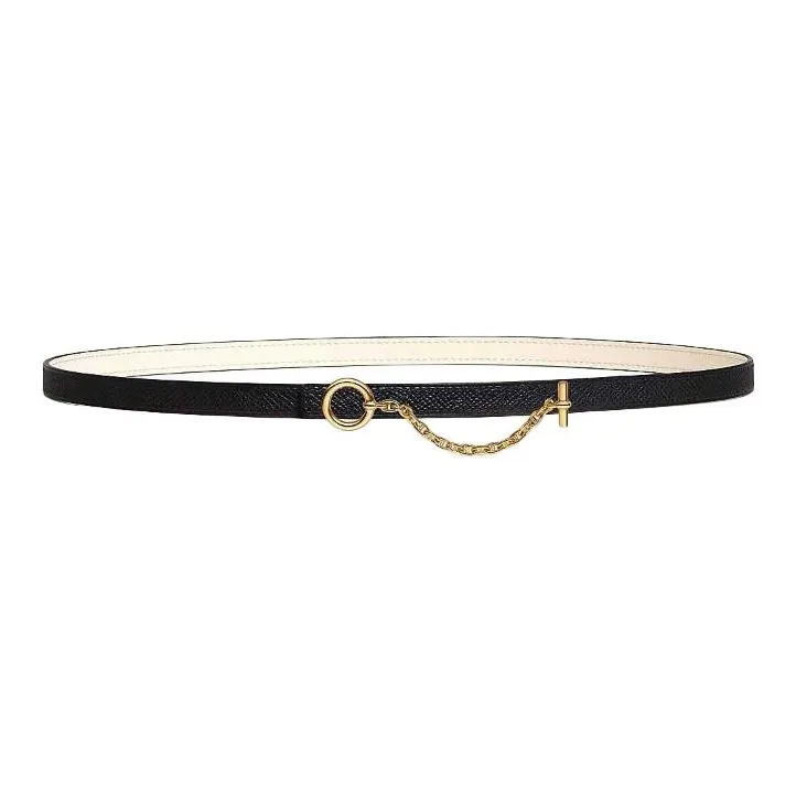 HERMES Chain Design Leather Belts Women's White/Black Width 1.3CM-1