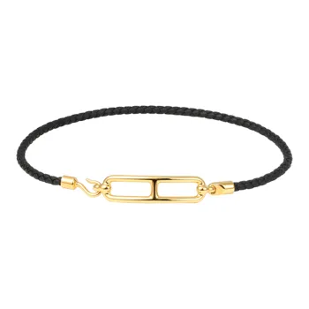 HERMES Leather Bracelets Unisex Black Gold