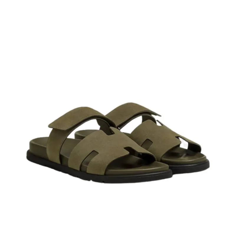 HERMES Chypre Sandal Vert Army Suede Goatskin M-2