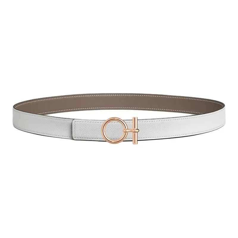 HERMES Pattern Buckle Smooth Buckle Leather Belts Women's Tan/White Width: 2.4cm-1