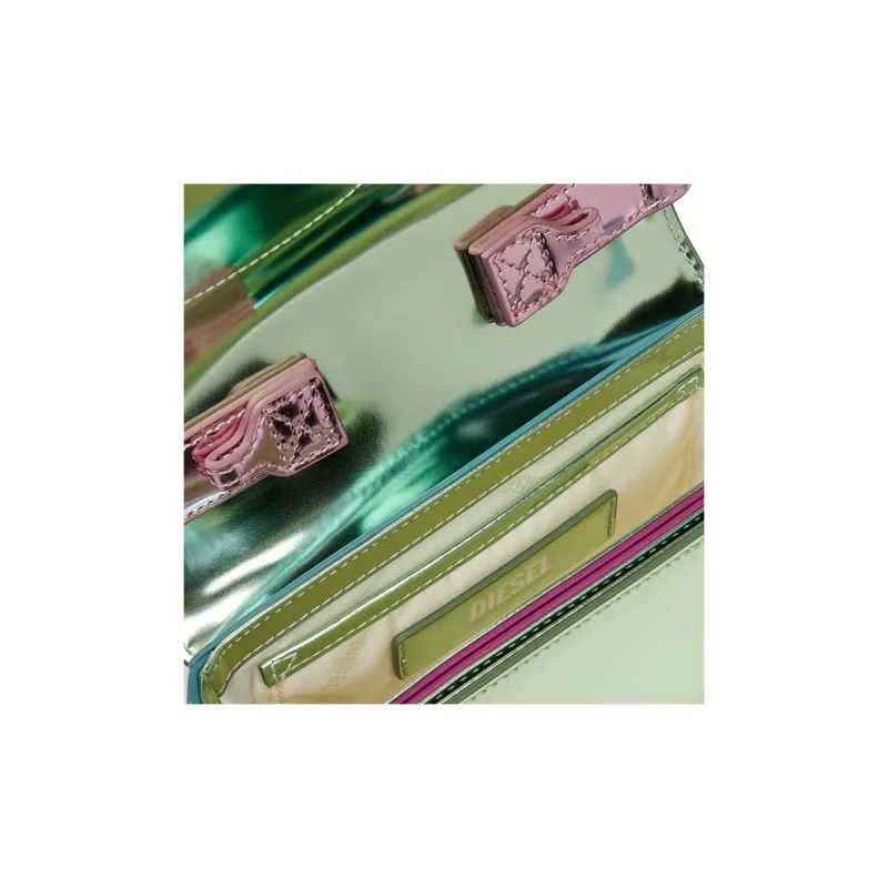 DIESEL Cow Leather Portable Crossbody Bag, Shoulder Bag Women's Green & Pink-4