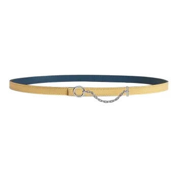HERMES Chain Design Smooth Buckle Leather Belts Women's Yellow/Blue Width: 1.3cm