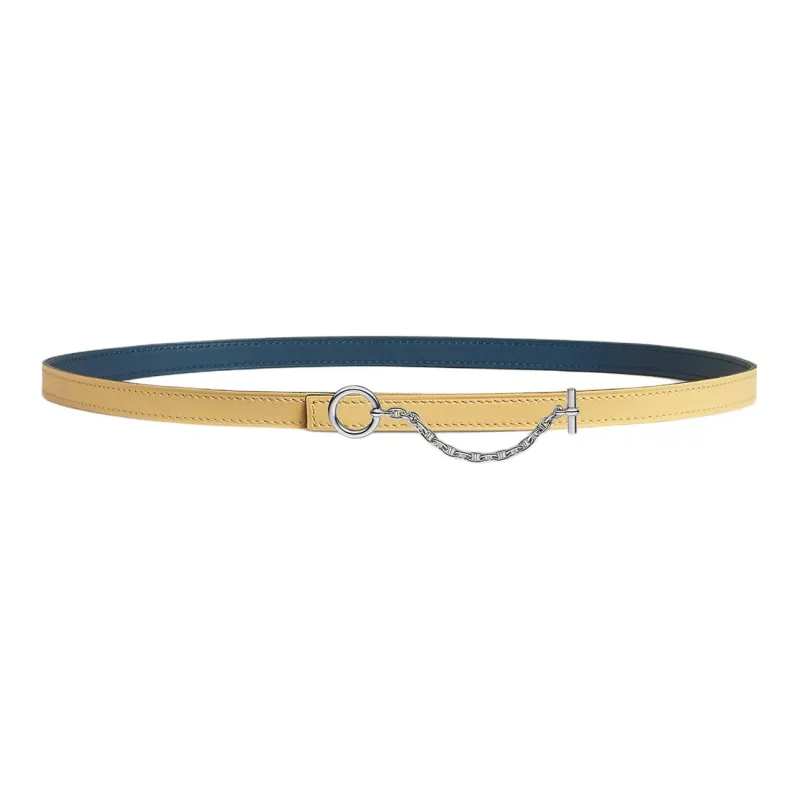 HERMES Chain Design Smooth Buckle Leather Belts Women's Yellow/Blue Width: 1.3cm-0