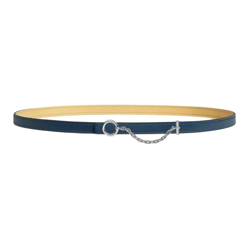 HERMES Chain Design Smooth Buckle Leather Belts Women's Yellow/Blue Width: 1.3cm-1