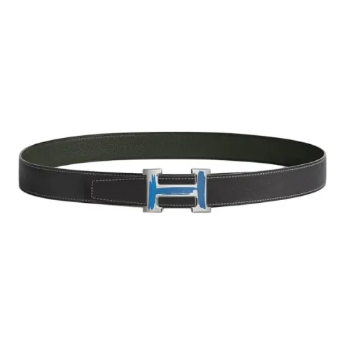 HERMES Lacquered Finish Brushed H-Shaped Smooth Buckle Leather Belts Men's Green Width: 3.2CM