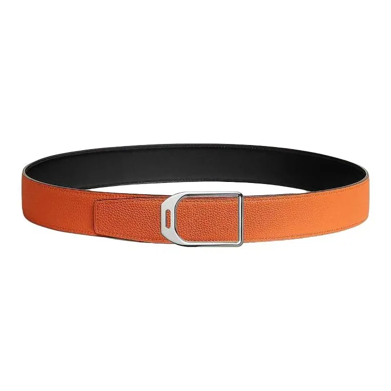 HERMES Stirrups With Styling Smooth Buckle Leather Belts Men's Black/Orange Width  3.8CM-1