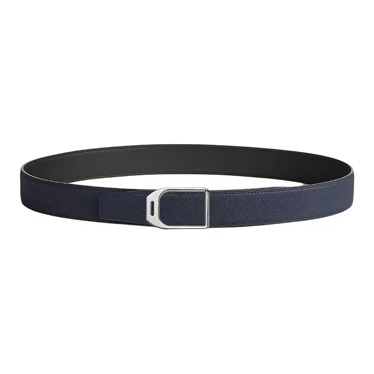HERMES Stirrups With Smooth Buckle For Styling Leather Belts Men's Black/Blue Width  3.2CM-1
