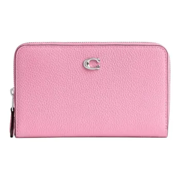 COACH Zip Around Polished Pebble Leather Wallet Small Size Women's Silver & Bright Pink