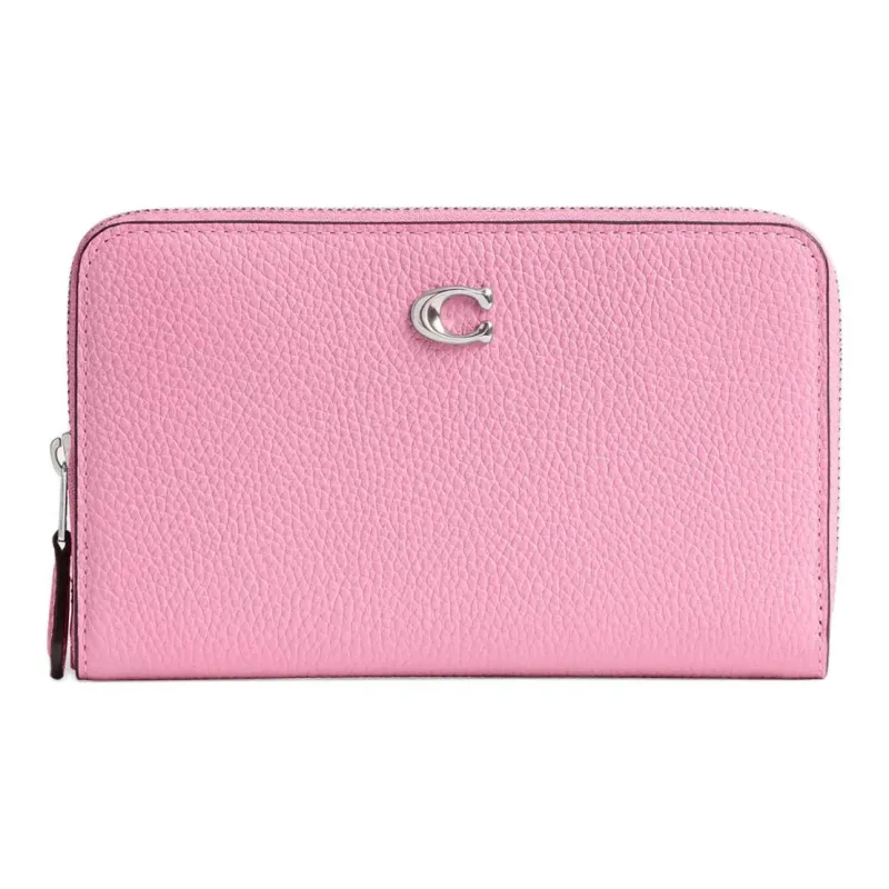 COACH Zip Around Polished Pebble Leather Wallet Trumpets Women's Silver & Bright Pink-0