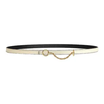 HERMES Chain Design Leather Belts Women's White/Black Width 1.3CM
