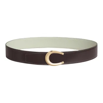 HERMES Horse Shoe Buckle Smooth Buckle Leather Belts Men's Black/Gray Green Width: 3.8cm