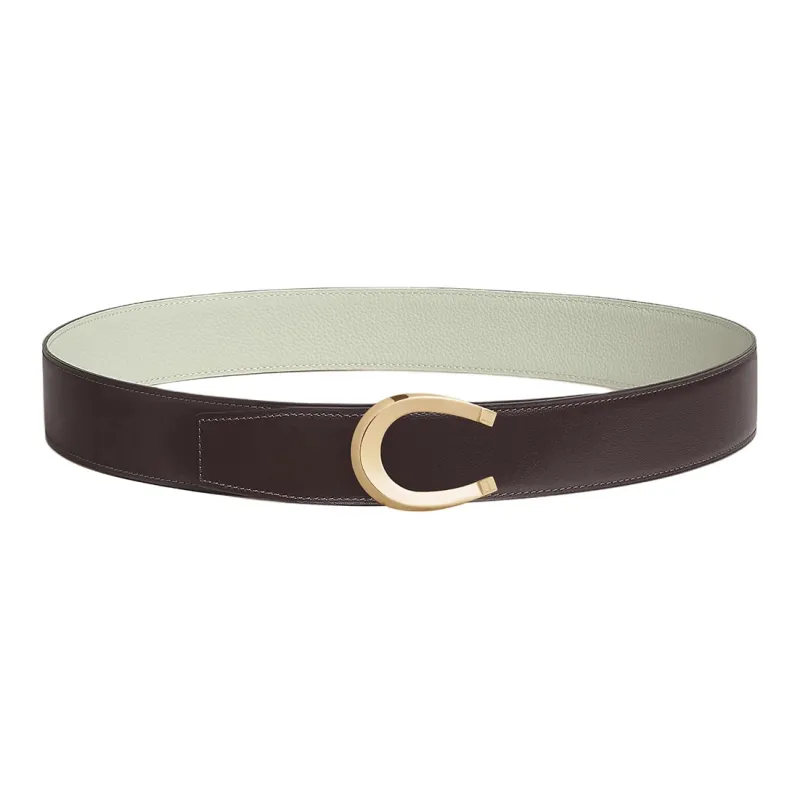 HERMES Horse Shoe Buckle Smooth Buckle Leather Belts Men's Black/Gray Green Width: 3.8cm-0