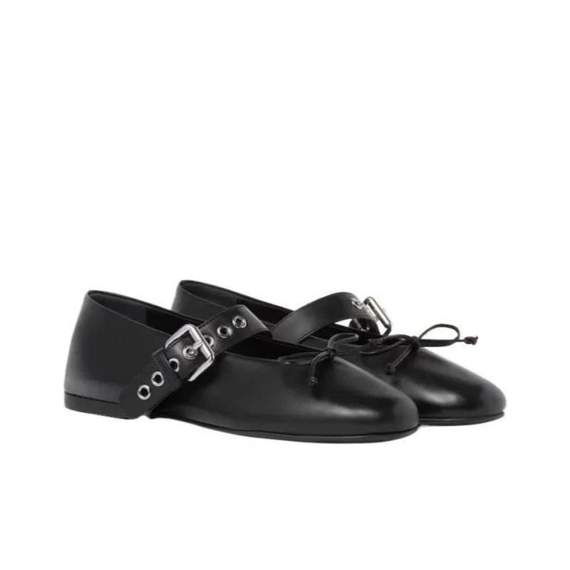 MIU MIU Buckled Leather Ballerina Shoes-3
