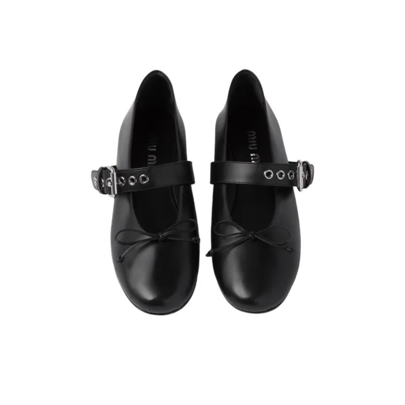 MIU MIU Buckled Leather Ballerina Shoes-4