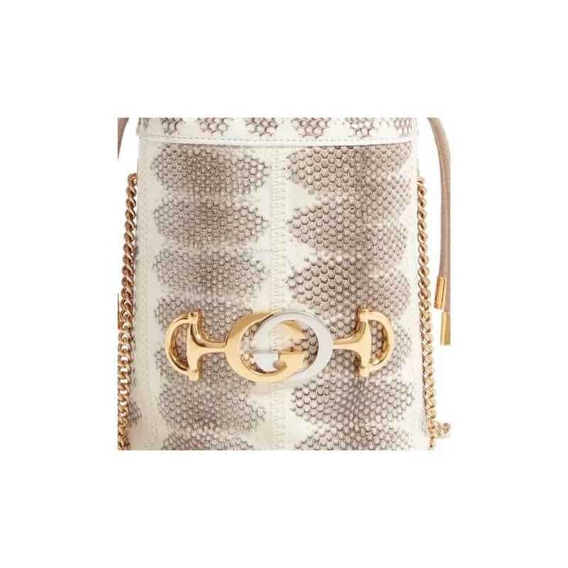 GUCCI Zumi Python Skin Bucket Bags Crossbody Bag Shoulder Bag Women's Beige-7