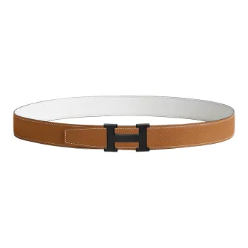 HERMES Matte H Letter With Buckle Smooth Buckle Leather Belts Men's White/Brown Width: 3.2cm
