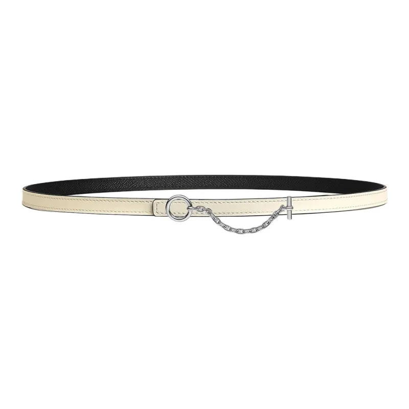HERMES Chain Design Smooth Buckle Leather Belts Women's White/Black Width: 1.3cm-0