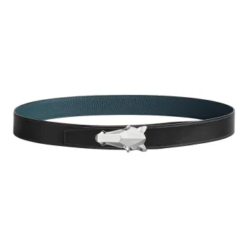 HERMES Horse Head Buckle Smooth Buckle Leather Belts Men's Blue/Black Width: 3.2cm