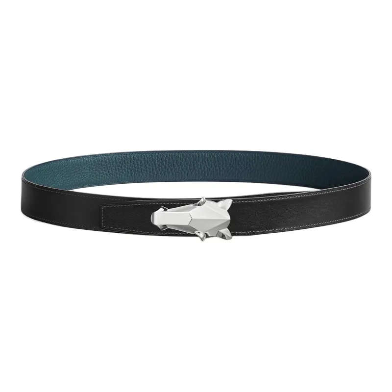 HERMES Horse Head Buckle Smooth Buckle Leather Belts Men's Blue/Black Width: 3.2cm-0