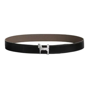 HERMES Calfskin Leather Belts Men's Black Width  3.2CM