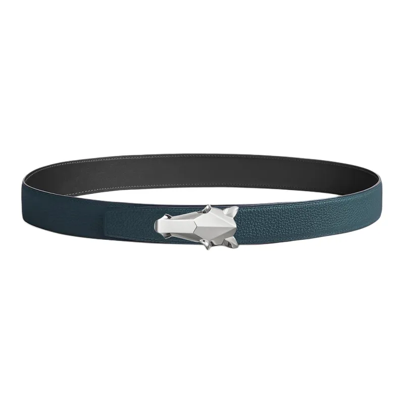 HERMES Horse Head Buckle Smooth Buckle Leather Belts Men's Blue/Black Width: 3.2cm-1