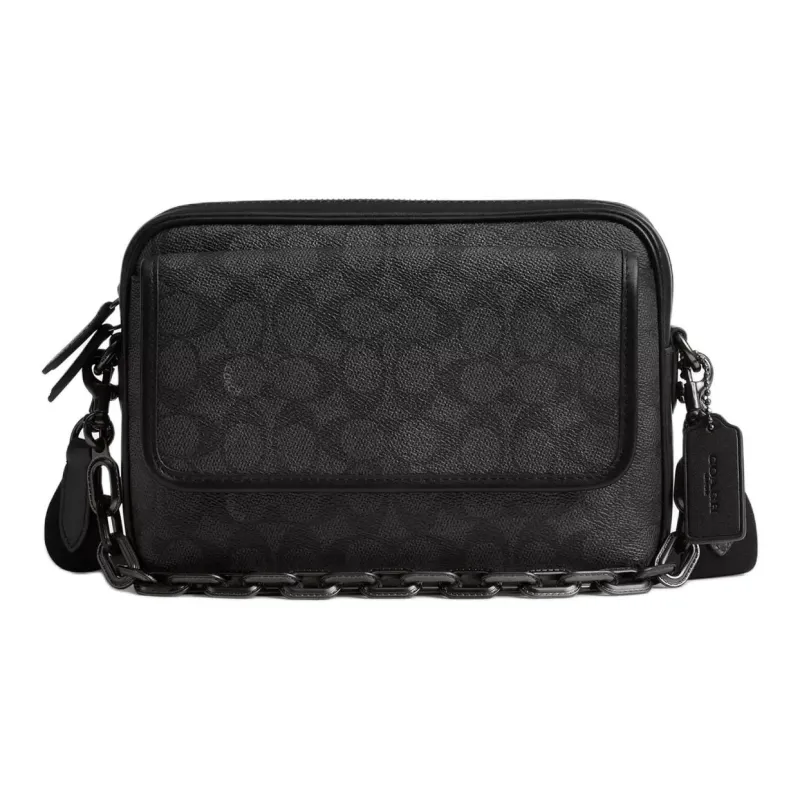 COACH Charter Iconic Coated Canvas With Calfskin Shoulder Bag, Crossbody Bag Medium Size Men's Charcoal-0