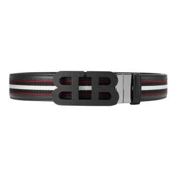 BALLY Mirror Collection B Logo Stripes Smooth Buckle Leather Belts Unisex Black Width  4cm
