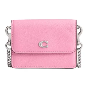 COACH Flap Card Case Leather Shoulder Bag Crossbody Bag Card Holder Mini Women's Silver & Bright Pink