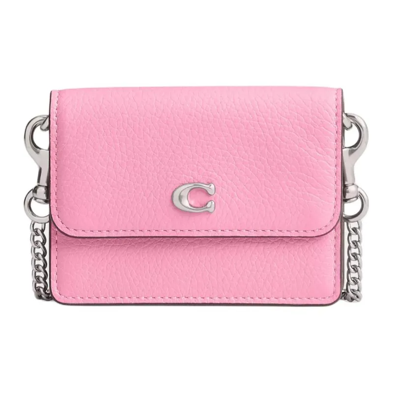 COACH Flap Card Case Leather Shoulder Bag Crossbody Bag Card Holder Mini Women's Silver & Bright Pink-0