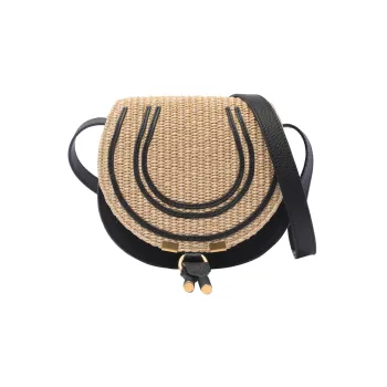 Chloe Marcie Raffia With Linen Shoulder Bag, Crossbody Bag Trumpets Women's Black & Natural