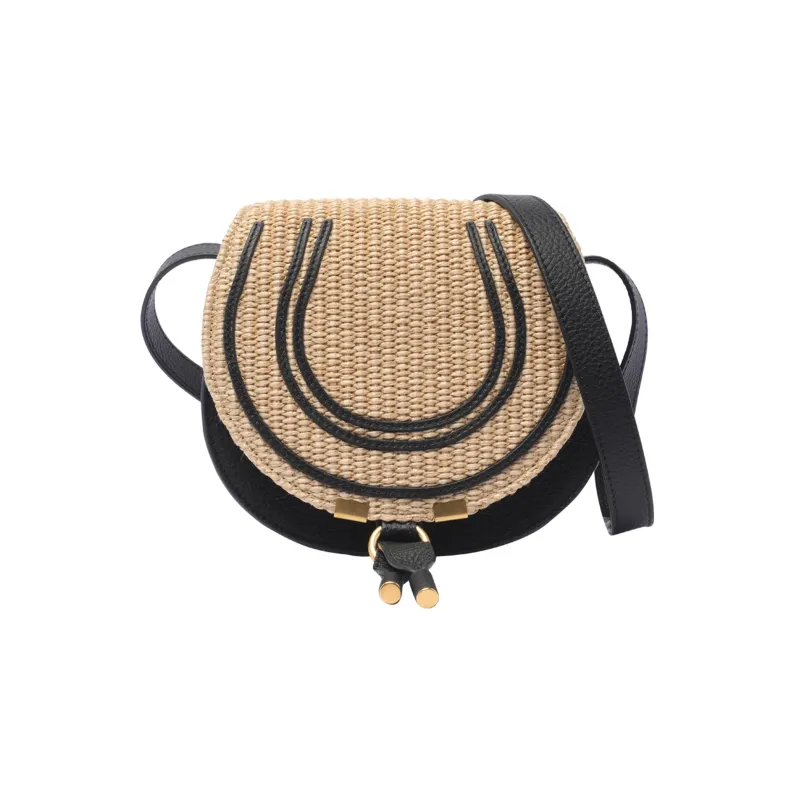 Chloe Marcie Raffia With Linen Shoulder Bag, Crossbody Bag Trumpets Women's Black & Natural-0