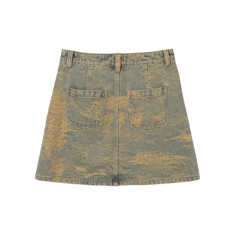 MEETLADY Casual Short Skirts Women's Washed Denim Yellow-1