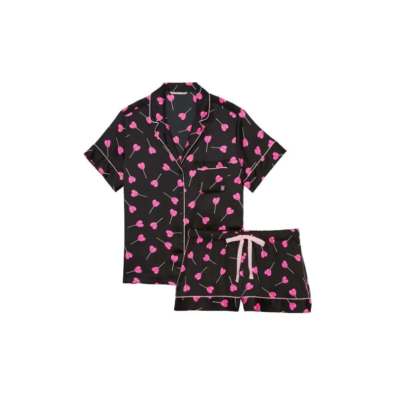 Victoria's Secret Satin Short Pajama Set Pajama Set Women's Black Background Lollipop Print-0