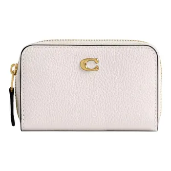 COACH Zip Around Polished Pebble Leather Card Holder Small Size Women's Brass & Chalk