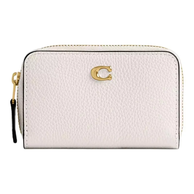 COACH Zip Around Polished Pebble Leather Card Holder Small Size Women's Brass & Chalk-0