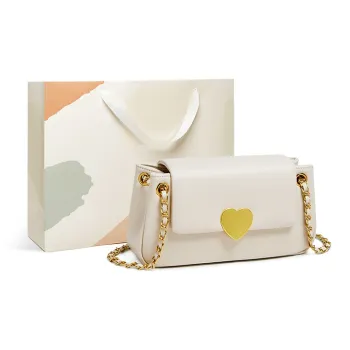 15 MINS Cow Leather Heart-Shaped Shoulder Bag Crossbody Bag Small Size Women's Ecru/Midnight Black/Caramel Brown