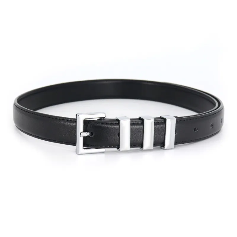 PISHUSHU Luxury Streetwear Three Button Closure Cow Leather Leather Belts Women's Black Caramel Width  2.4cm-0