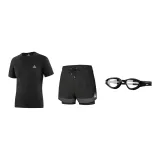 Three-Piece Set (Black Short-Sleeved Shirt+Swimming Shorts+Swim Goggles)