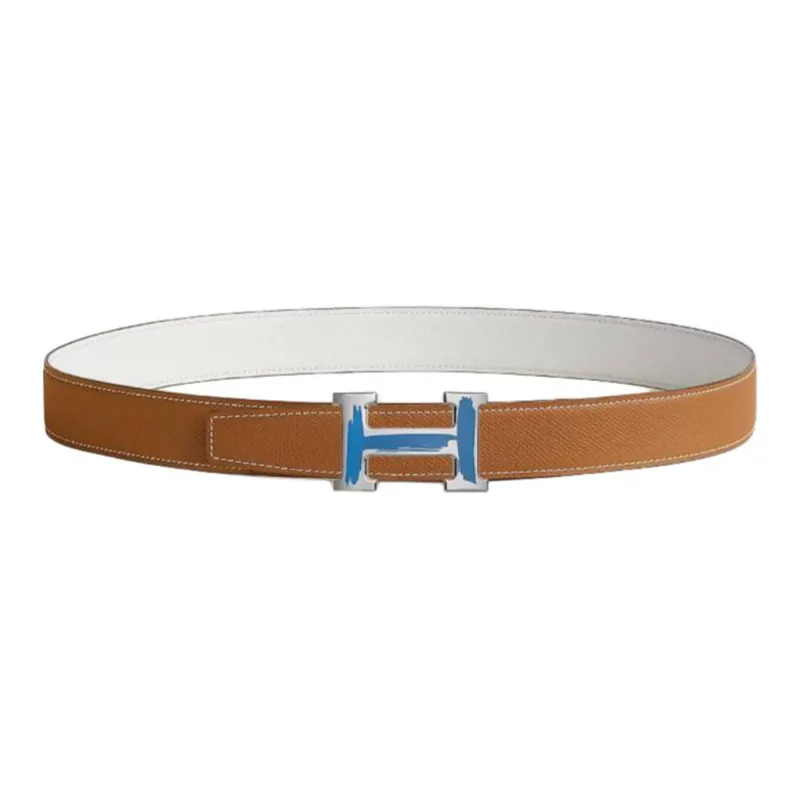 HERMES Double-Sided Design Smooth Buckle Leather Belts Men's Brown/White Width: 3.2CM-1