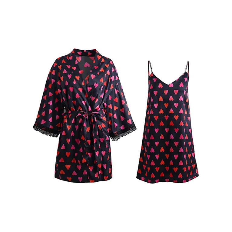 Flow Yarn Pajama Robe Women's Two Piece Set Black-0