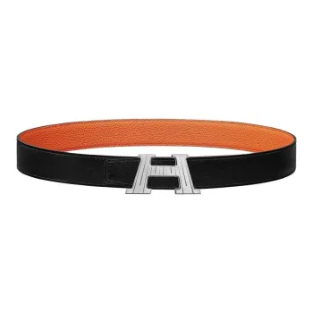 HERMES H Logo Design Smooth Buckle Leather Belts Men's Black/Orange Width: 3.2CM