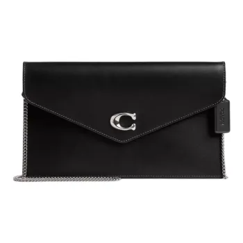 COACH Calfskin One Shoulder Crossbody Clutch Large Size Women's Silver & Black