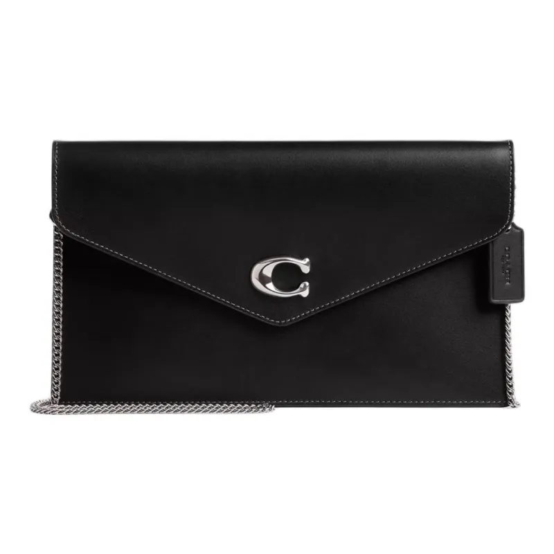 COACH Calfskin One Shoulder Crossbody Clutch Large Size Women's Silver & Black-0