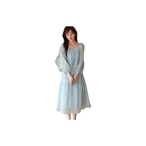 MT Long-Sleeved Dresses Women's Aqua Blue