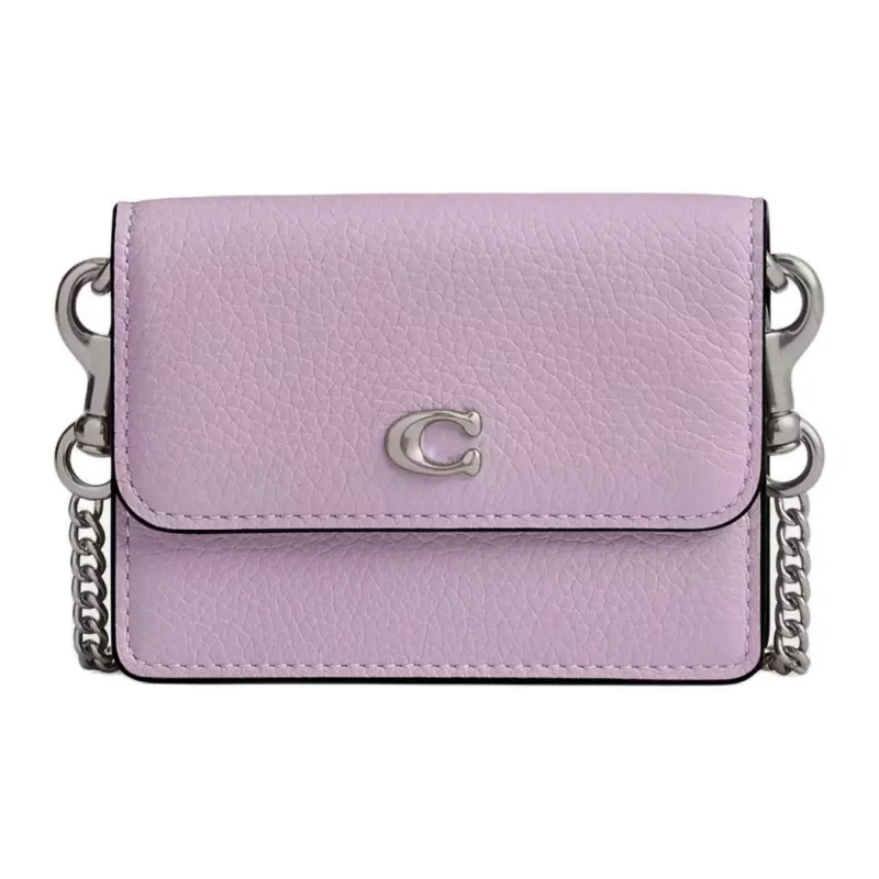 COACH Flap Card Case Leather One Shoulder Crossbody Card Holder Mini Women's Silver & Light Purple-0