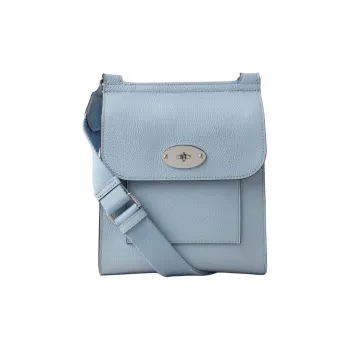 Mulberry Grain Leather Messenger Bag, Handbag, Shoulder Bag, Crossbody Bag Small Size Women's Blue Poplin