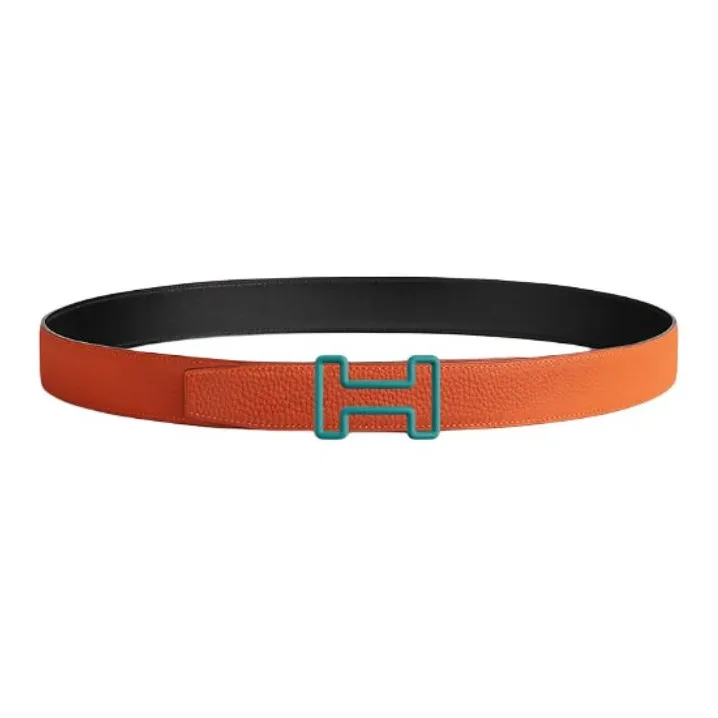 HERMES H Logo Smooth Buckle Leather Belts Men's Orange/Black Width: 3.2CM-1