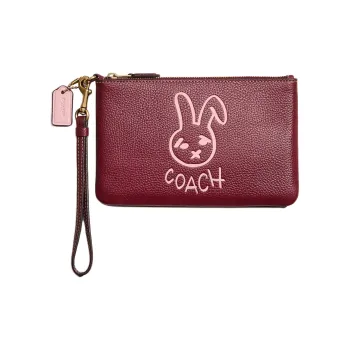 COACH Wristlet Polished Pebbled Leather Wrist Bags Clutches Small Size Women's Brass & Burgundy Multicolor