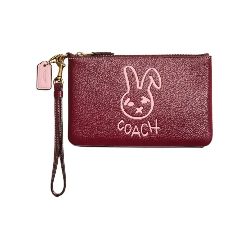 COACH jackets Polished Pebbled Leather Wrist Bags Clutches Small Size Women's Brass & Burgundy Multicolor