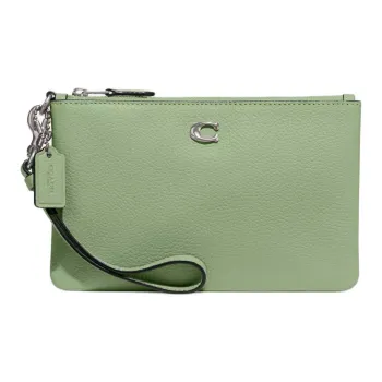 COACH Wristlet Grain Leather Wrist Bag Clutch Small Size Women's Silver & Light Pistachio